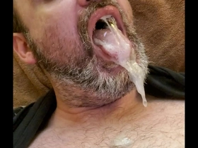 Cumlord blowing bubbles with a mouthful of goo