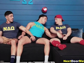 Buff guy threesome fucked in a frat house