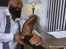 Bearded august masturbates his bbc while being foot licked