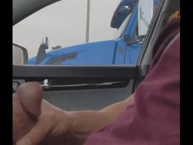 Trucker gives thumbs up after seeing cock