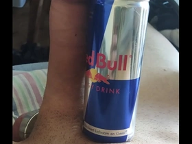 Rock hard 18cm cock compared to redbull can