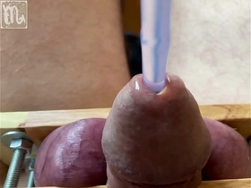Compressed, bandaged testicle and dilator into the urethra.