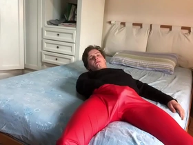 Fetish with red leather pants