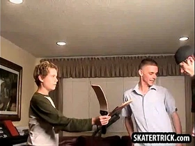 Skater hunk getting his ass slapped by three studs