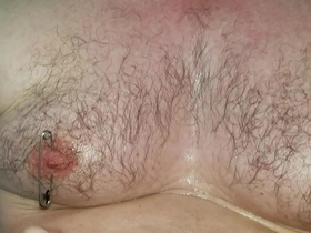 Male nipples playpiercing with safety pins and foley catheter play